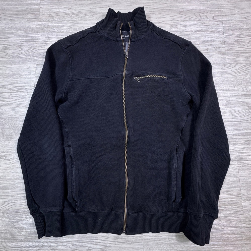 Porter & Ash Men's‎ Full Zip Knit Jacket Black Small Ribbed Mock Neck Cotton